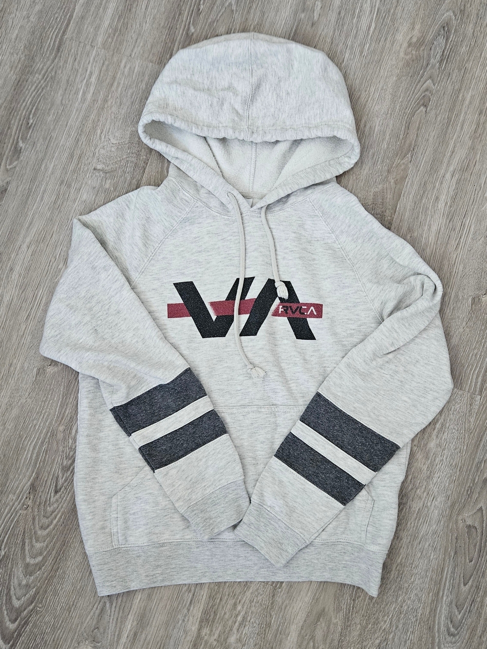RVCA Light Heather Gray Hoodie with Black & Maroon Logo